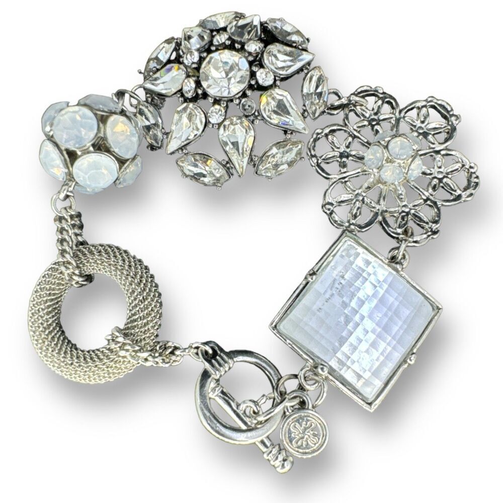 Ornate Burst Clear Rhinestone Link Bracelet Silver Plated Toggle Clasp 7.5"